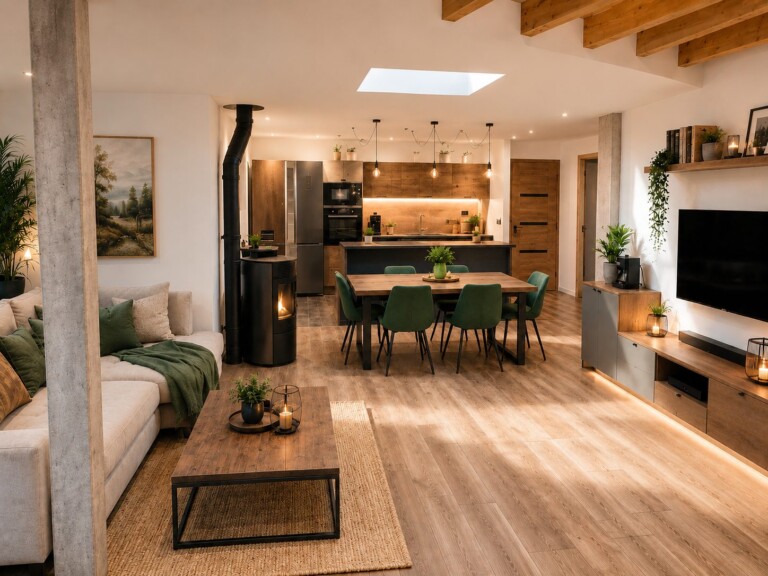 Vue retouchée IA salon cuisine