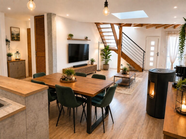 Vue retouchée IA salon cuisine - au fond : porte d'entrée entre escalier baie vitrée